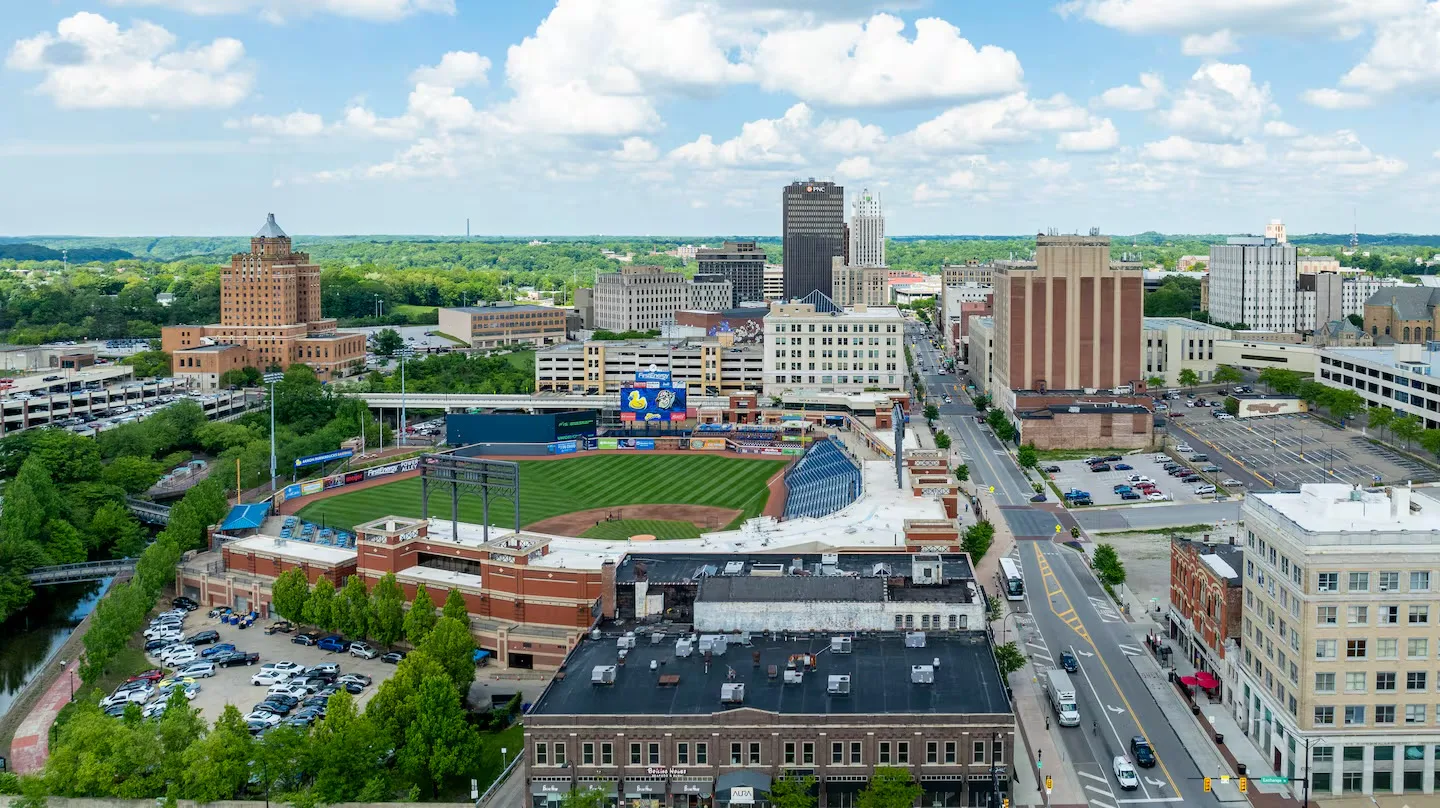 Aerial view of 7 17 Credit Union Park and downtown Akron