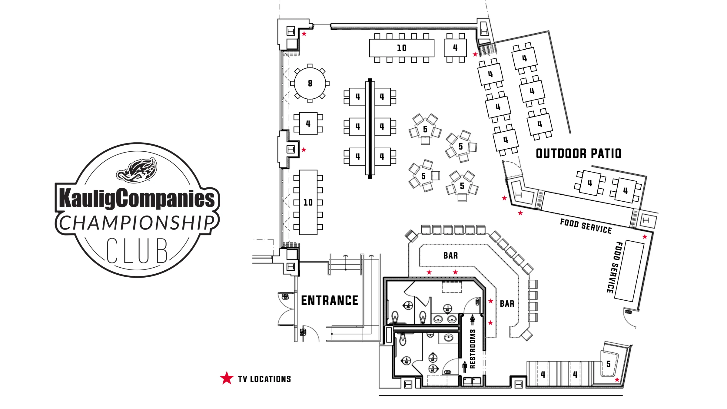 Standard Kaulig Companies Championship Club floor plan showing table seating, the outdoor patio, food-service areas, wraparound bar, entrances, restrooms and television locations