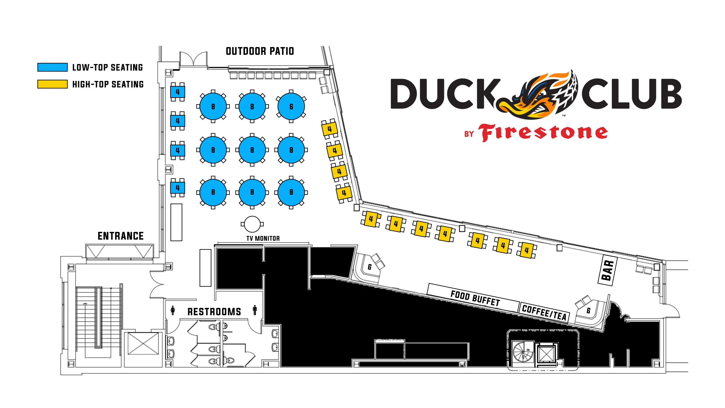 Standard Duck Club by Firestone floor plan showing low-top and high-top seating, the outdoor patio, entrance, television, restrooms, buffet, beverage service and bar
