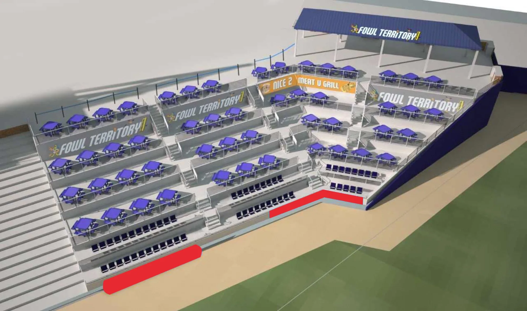Illustrated seating and picnic-table layout for Serra Auto Park Fowl Territory