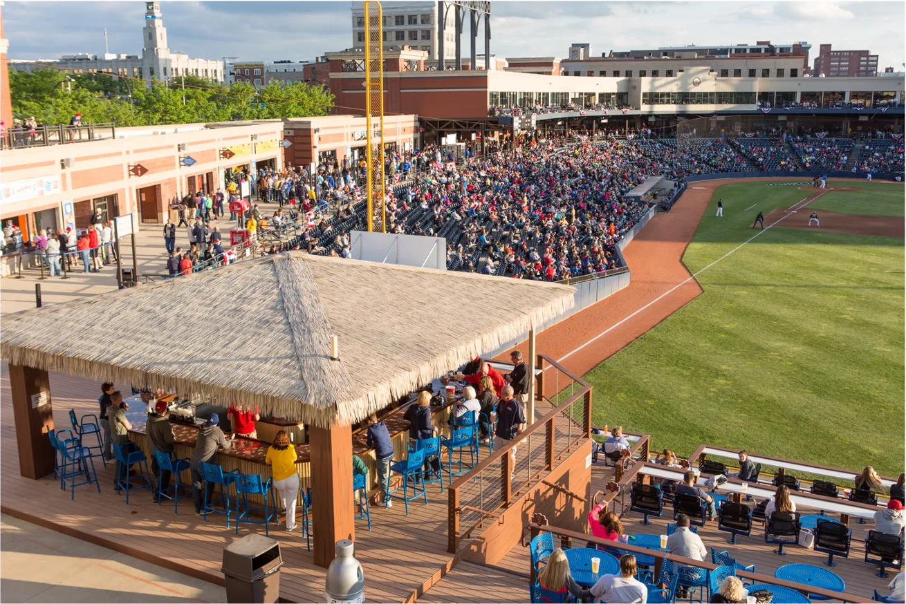 Wide view of the Modelo Tiki Terrace and the ballpark during a game